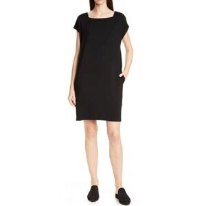 Eileen Fisher Dress Women's Small Black Square Neck Short Sleeve Jersey Knit